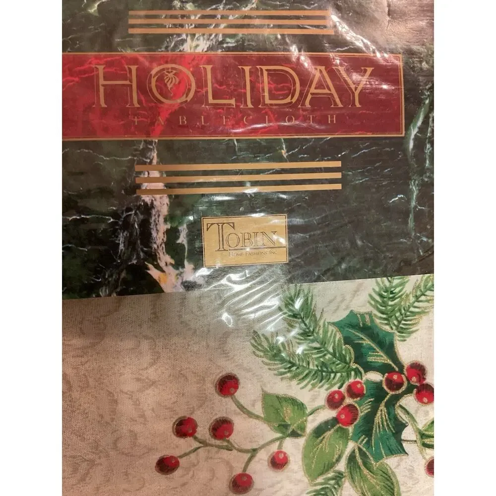 Holiday Tablecloth Holly Damask Berries Cotton 60” x 70” Oblong NIP